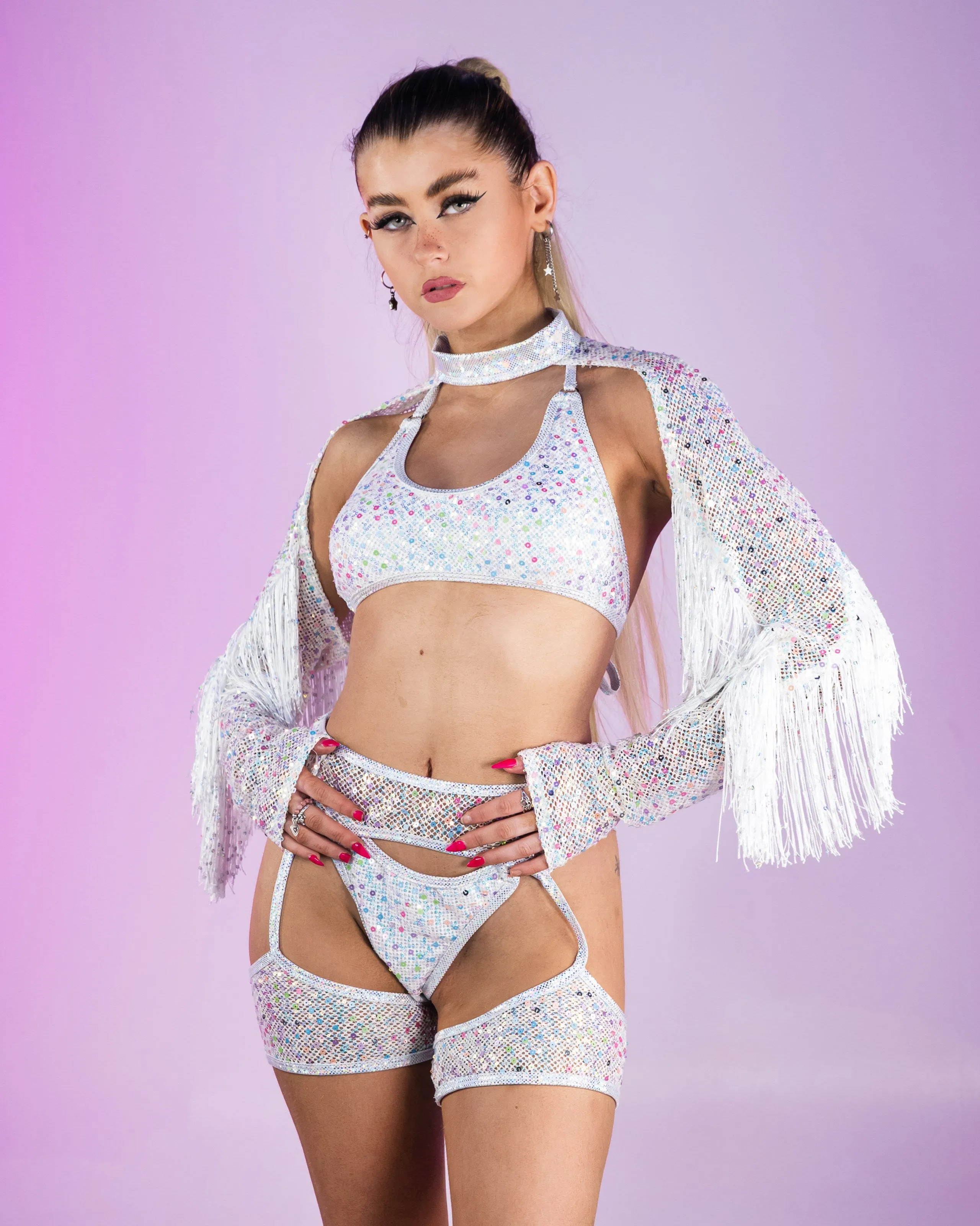 Diamond Rodeo Sequin Fishnet Shrug with Fringe
